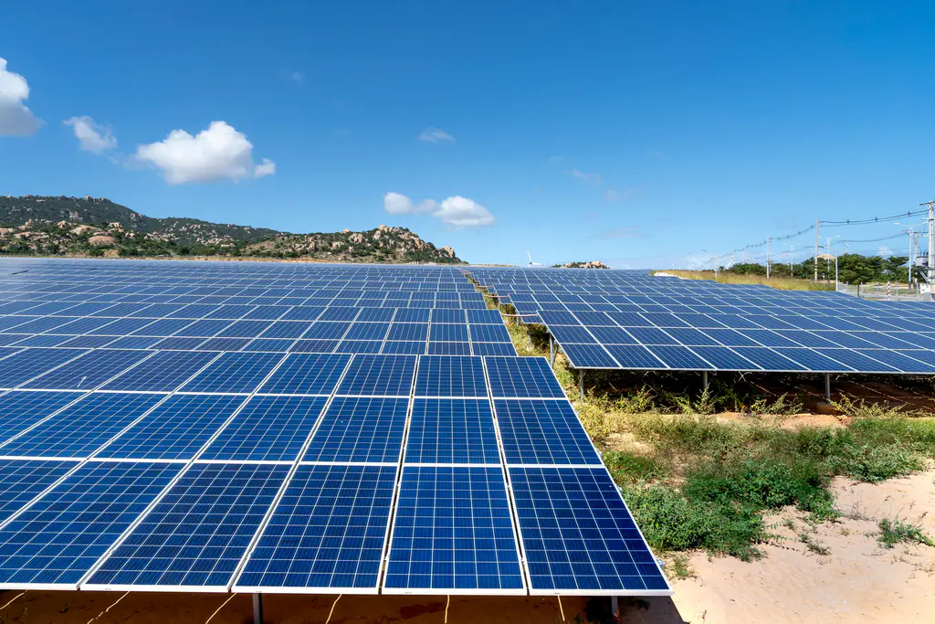 Rows of solar panels under a bright, sunny sky